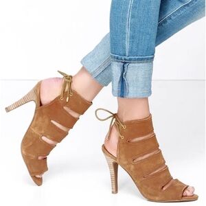Seychelles Play Along Tan Suede Lace-Back Shootie Heels‎ Size 6